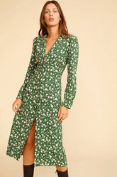 Langärmliges Midikleid mit französischem Hemd und Blumenmuster - Grün